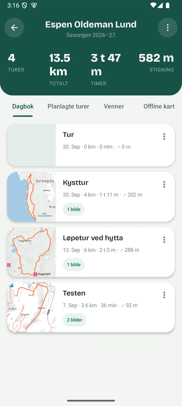 Dagboka i Glid med sesongtall og lagrede turer