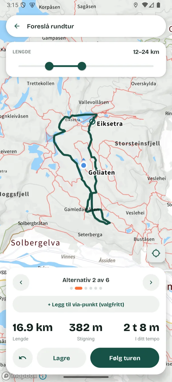 Glid foreslår en rundtur på 16,9 km med 382 høydemeter
