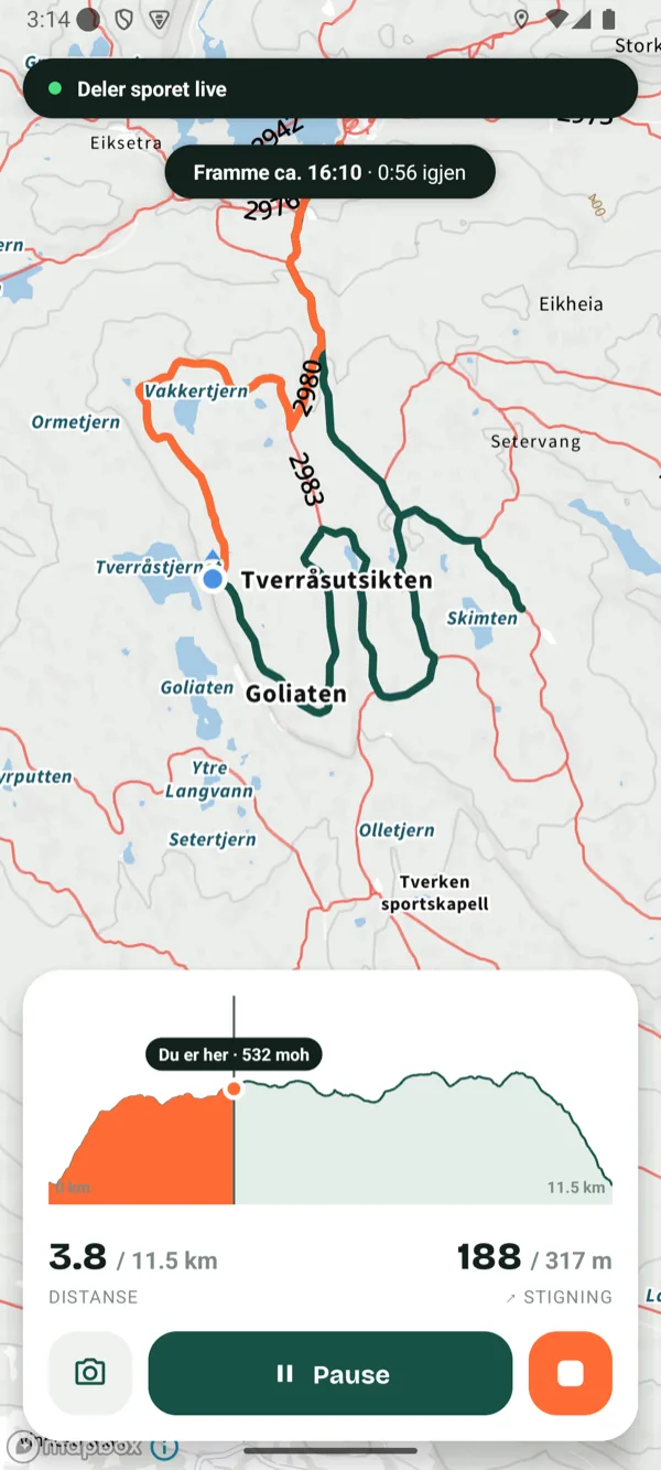 Glid under sporing: ruta på kartet, høydeprofil, distanse og stigning